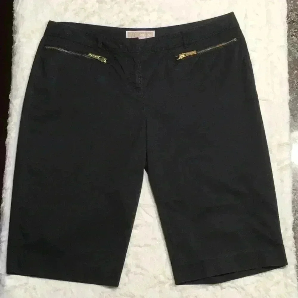 Michael Kors Black Walking Long Bermuda Shorts Gold Zipper Details Sz 8